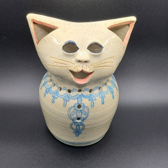 Studio Art Pottery Whimsical Smiling Cat Blue Collar Candle Holder Luminary - Picture 3 of 7